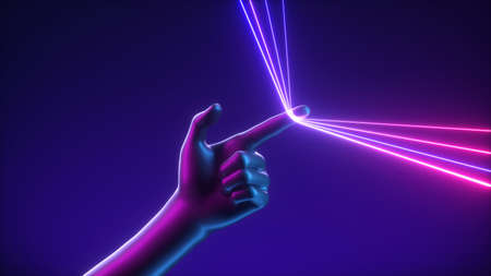 3d render, abstract futuristic concept, artificial hand pulls blue pink neon glowing lines. Mannequin body part isolated on dark violet backgroundの写真素材