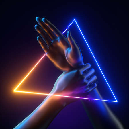 3d render, abstract modern minimal concept, mannequin hands inside glowing triangular frame isolated on black background, red blue yellow neon light. Human body parts closeup.の写真素材