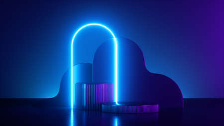 3d render, abstract neon blue background with geometric shapes. Arch over empty stage, trendy fashion podium, blank mockup, vacant pedestal.の写真素材