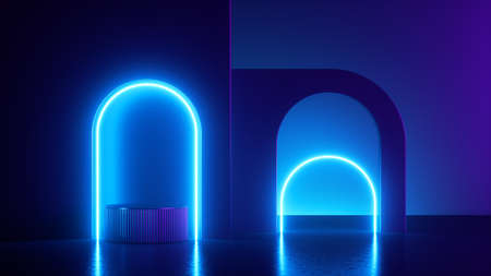3d render, abstract geometric architectural background. Empty stage with glowing neon arches, bright...