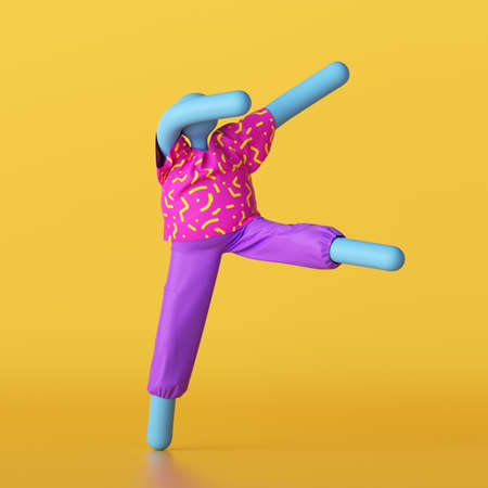 3d render, abstract blue cartoon character wearing colorful summer clothes isolated on yellow background. Person active pose. Toy without face. Funny dancing dummy doll, modern minimal pop art styleの写真素材