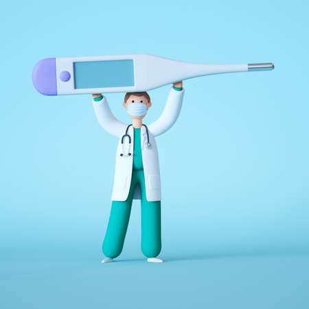 3d render. Cartoon doctor character holding big blank thermometer mockup above the head. Clip art...