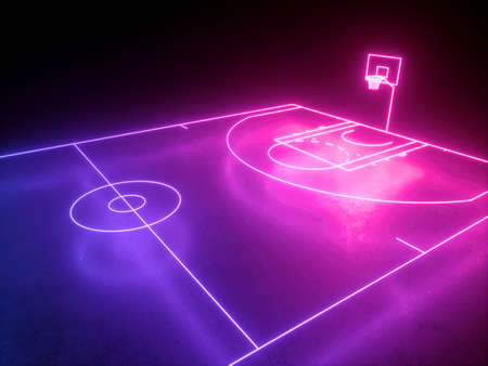 3d render, neon basketball field scheme angle side view, virtual sport playground, sportive game, pink violet blue glowing line. Isolated on black background.の写真素材