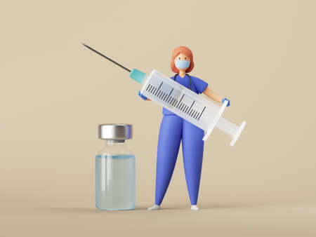 3d render. Woman doctor cartoon character holds big syringe. Vaccine against covid-19 virus inside the glass bottle. Clip art isolated on neutral background. Vaccination medical conceptの写真素材
