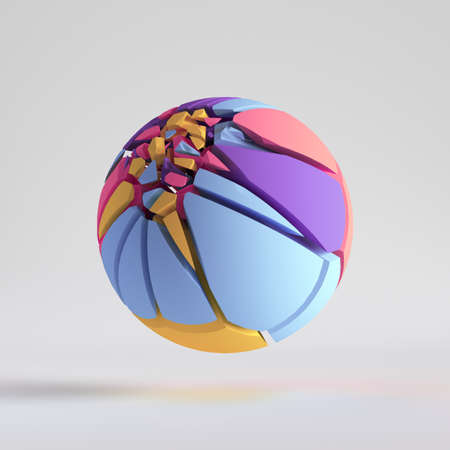 3d render, abstract colorful random mosaic pieces, broken ball, cracked sphere surface. Blue red...