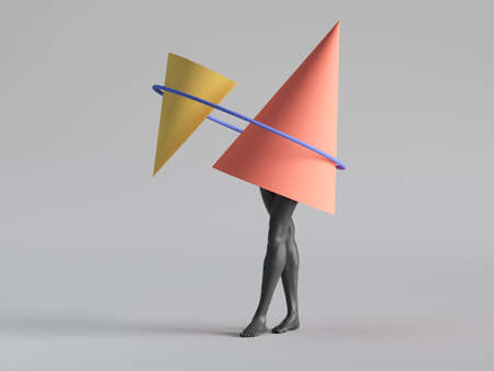 3d render, abstract minimal surreal contemporary art. Geometric concept, two red yellow cones, black...
