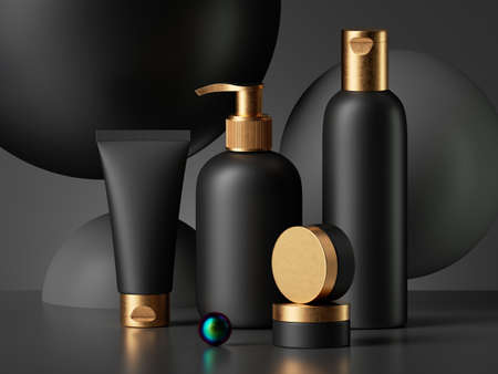3d render, collection of black cosmetic bottles with gold caps isolated on dark background. Brutal...