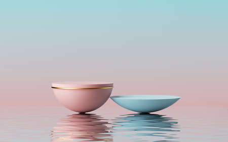 3d render, abstract modern minimal pink blue background with empty hemispherical platforms and...
