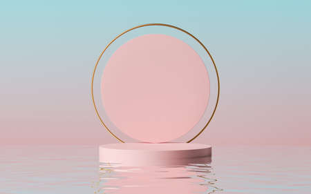 3d render, abstract modern minimal pink blue background with empty podium, golden round frame and...