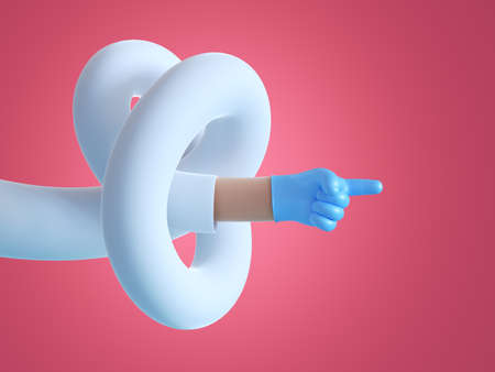 3d render, abstract doctor cartoon character flexible boneless hand wears blue latex glove, body...