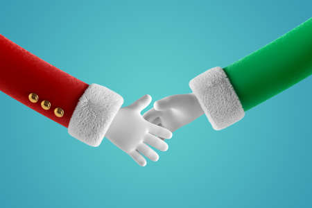 3d render, Santa Claus and elf handshake gesture. Christmas cartoon characters hands wearing red and...