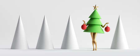 3d render. Green Christmas tree cartoon character, coquette model with slim legs in the row of white cones. One of a kind concept. Minimal seasonal clip art isolated on white background. Unique toyの写真素材