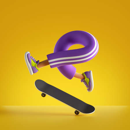 3d rendering, cartoon character legs and skateboard isolated on yellow background, extreme freestyle...