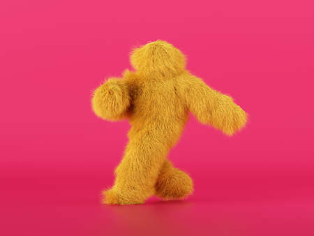 3d render, hairy yellow beast cartoon character walking or dancing, isolated on pink background, active posing. Fluffy plush toy. Man wearing halloween costume of a mascot, furry monsterの写真素材