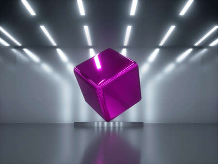 3d render, abstract background, glossy pink chrome cube, shiny metallic geometrical shape inside dark room with white ceiling lightの写真素材