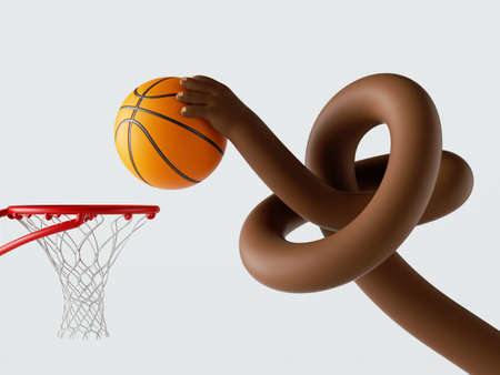 3d render, african cartoon tangled hand holds ball near basket, isolated on white background. Basketball player. Sport clip artの写真素材