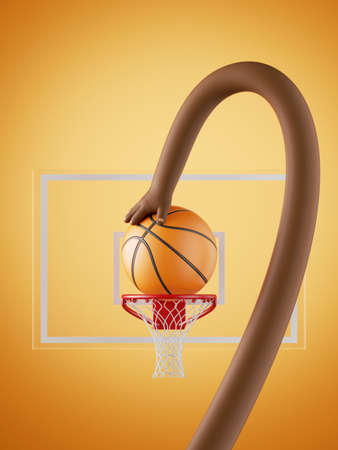 3d render, african cartoon character, long flexible boneless hand throw the ball to the basket, funny basketball player. Sport clip art for kids. Sportive posterの写真素材