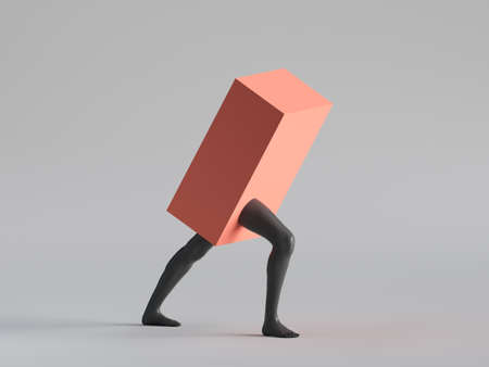 3d render, Red box with black human mannequin legs walk, isolated on white background. Abstract minimal surreal concept. Modern fashion composition, funny freak performance. Contemporary artの写真素材