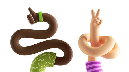 3d render abstract interracial relationship concept, cartoon boneless elastic caucasian and african...