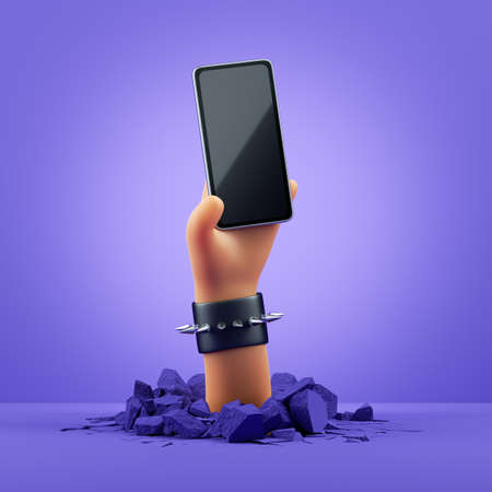 3d render, cartoon character hand holds smart phone with blank screen, commercial poster mockup....