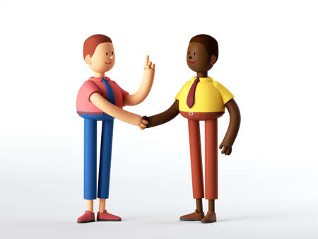 3d render, two men cartoon characters shake hands, successful partnership concept. Business clip art...