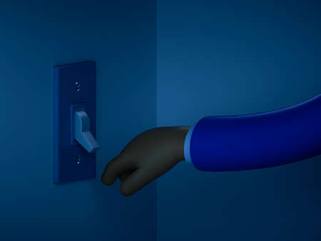 3d render, cartoon character hand in the dark room, electrical light switcher on the wall. Light...