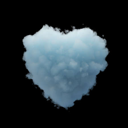 3d render. Abstract blue heart shaped cloud isolated on black background. Love symbol clip art. Sky illustration, cumulusの写真素材