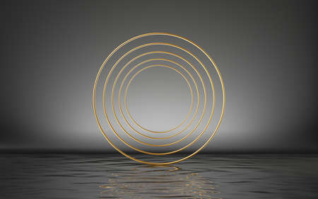 3d render, abstract golden rings, round frames isolated on black background with reflection in the...