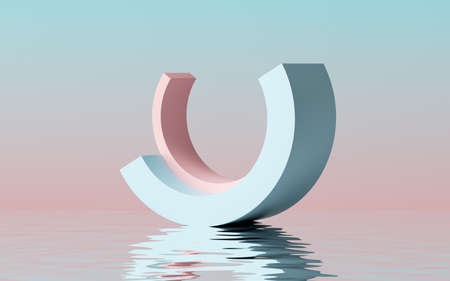3d render, abstract modern minimal background with pink blue round arch shapes and reflection in the...