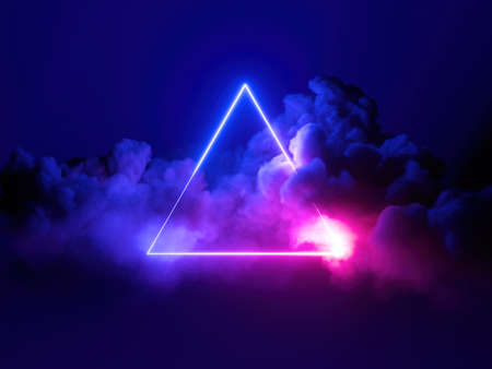 3d render, abstract minimal background, pink blue neon light triangular frame with copy space, illuminated stormy clouds, glowing geometric shape.の写真素材