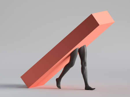 3d render, abstract minimal surreal concept. Red box with black human mannequin legs walk, isolated on white background. Modern fashion composition, funny freak performance. Contemporary artの写真素材