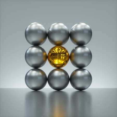3d render, abstract modern minimal background, one glossy gold ball in the middle of square matrix...