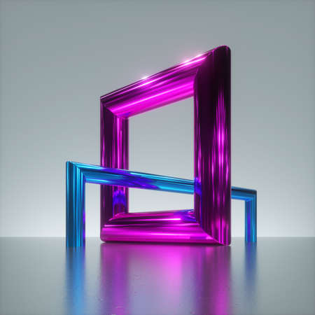 3d render, abstract primitive geometrical shapes, pink blue square metallic frames linked, glossy...