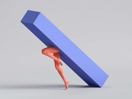 3d render, abstract minimal surreal concept. Blue box with red human mannequin legs jump, isolated on white background. Modern fashion composition, funny freak performance. Contemporary artの写真素材