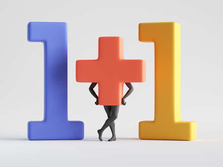 3d render, one plus one abstract colorful numbers and plus symbol with mannequin legs. Surreal...
