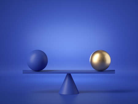 3d render, balancing balls placed on weighing scales, abstract geometric shapes isolated on blue background. Equivalent metaphor, balance concept. Modern minimal designの写真素材