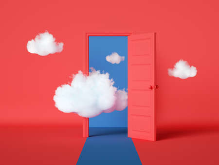 3d render, white clouds going through, flying out the open door, objects isolated on bright red background. Abstract metaphor, modern minimal concept. Surreal dream sceneの写真素材