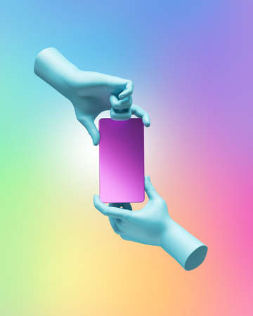 3d render, blue mannequin hands hold pink smart phone in vertical position. Electronic gadget blank mockup isolated on colorful gradient background. Virtual reality, wireless technology presentationの写真素材