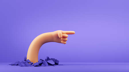 3d render, funny cartoon character elastic hand with pointing finger shows direction. Broken floor. Clip art isolated on violet backgroundの写真素材