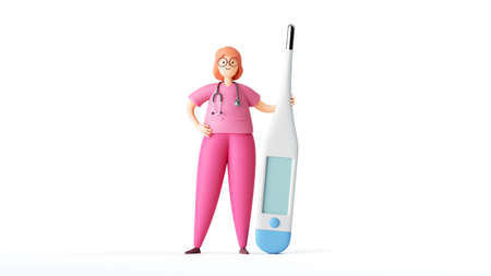 3d render, cartoon character woman doctor wears pink uniform, glasses and stethoscope. Stands near...