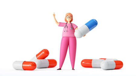 3d render. Woman doctor or pharmacist cartoon character with big pills. Medical healthcare illustration. Pharmaceutical clip art isolated on white background.の写真素材
