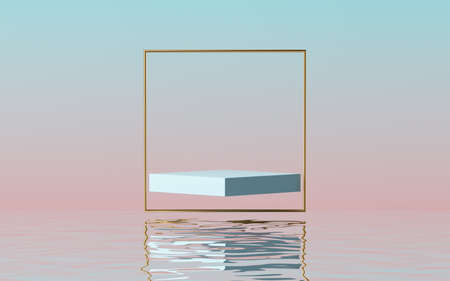 3d render, abstract modern minimal pastel background with empty blue platform, golden square frame...