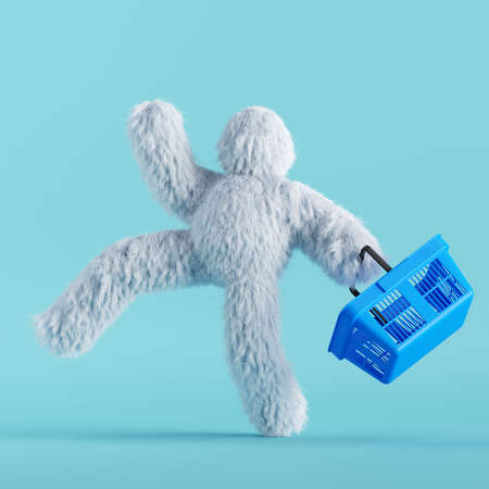 3d render, white hairy yeti runs, holds shopping cart or basket. Furry bigfoot cartoon character goes shopping, cute monster isolated on mint blue backgroundの写真素材