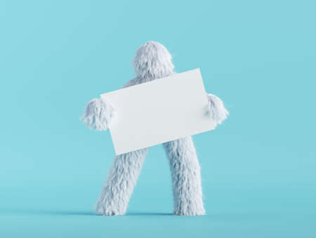 3d render, white hairy yeti holds blank card mockup, furry bigfoot toy with empty banner, funny...