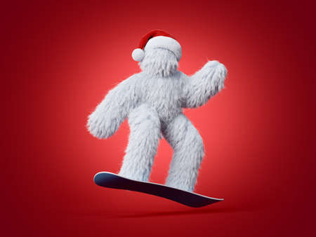 3d render, white hairy yeti in Christmas hat jumps on snowboard. Winter sports concept. Furry bigfoot cartoon character, scary monster isolated on red background, active poseの写真素材