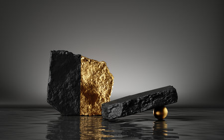 3d render, abstract modern minimal background with black and gold cobblestones, golden ball and reflection in the water. Showcase for black friday sale, with empty space for product displayingの写真素材