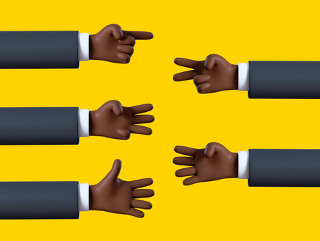 3d render, black skin hand shows fingers, african cartoon character counting from one to five,...