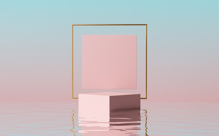 3d render, abstract modern minimal pink blue background with empty podium, golden square frame and...