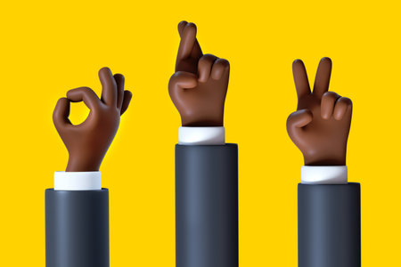3d render, cartoon character african businessman hands assorted gestures: okay sign, crossed fingers, victory. Successful business clip art set isolated on yellow backgroundの写真素材