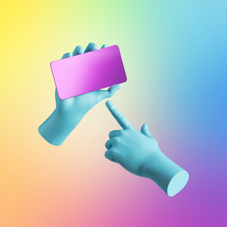 3d render, blue hands hold pink smart phone digital device in horizontal position. Electronic gadget blank mockup isolated on colorful background. Mobile gaming technologyの写真素材